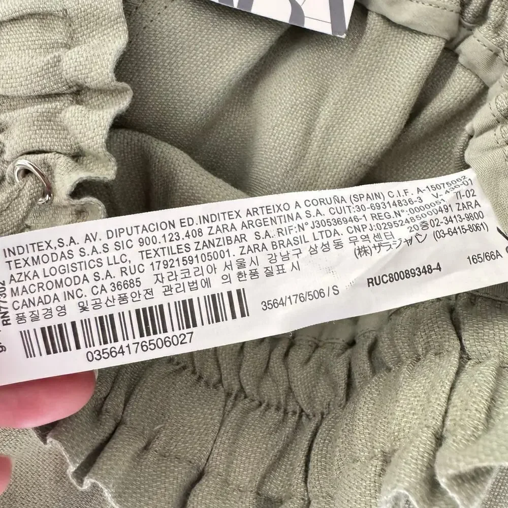 NEW Zara Women Linen Blend Pull On Pant Size S Elastic Waist Beachy Casual Green